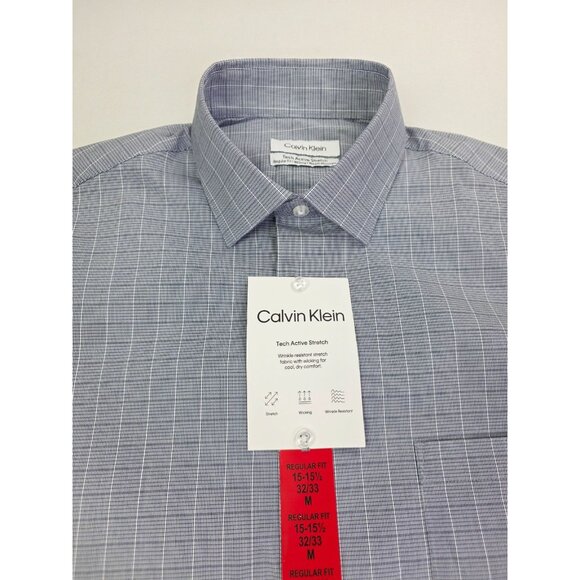 Calvin Klein Size 15-15.5 Medium Mens Tech Active Stretch Gray Check Wicking NWT - Picture 1 of 13